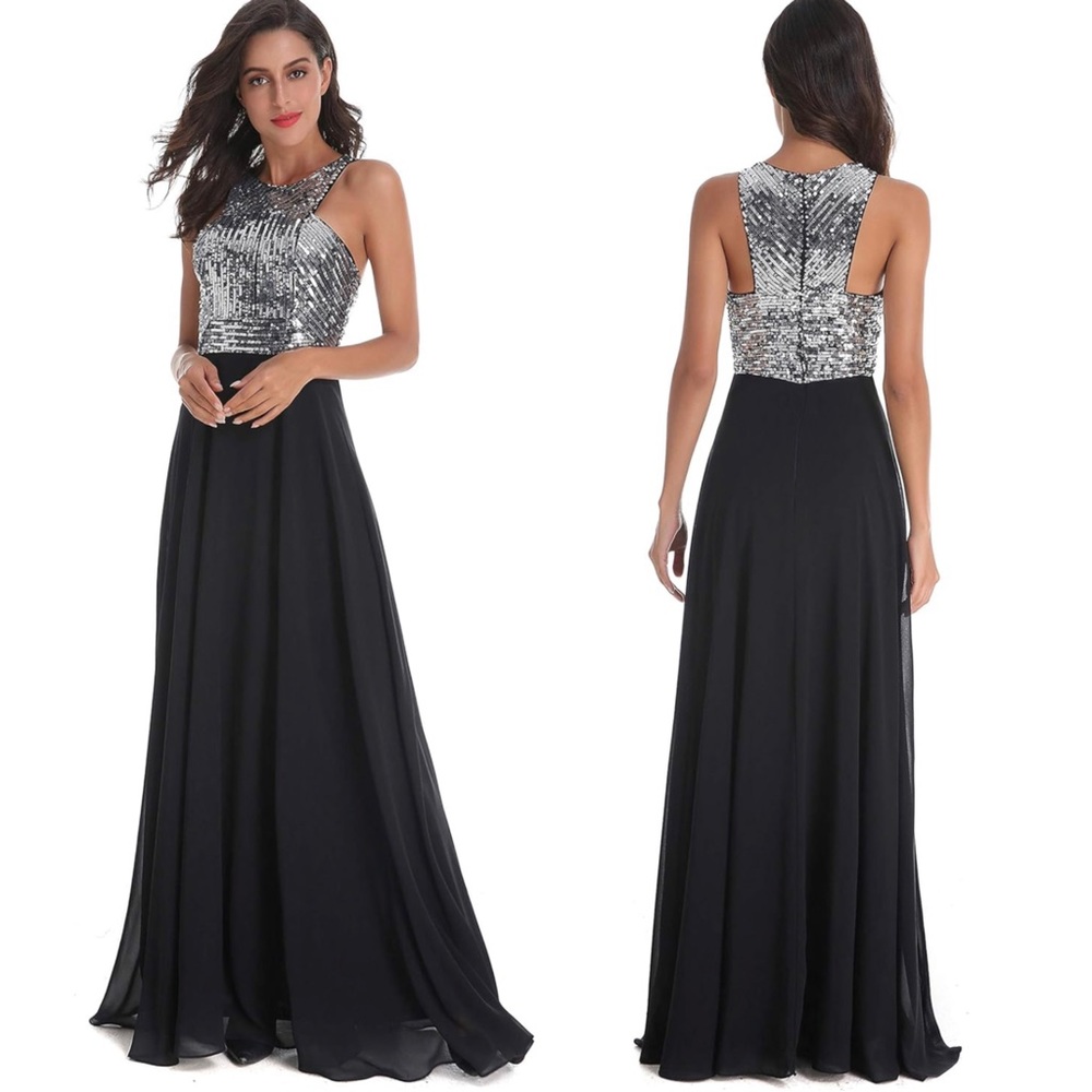 Women's Long Formal Sequin Chiffon Gown Prom Dress Black & Silver XL Beauty Kai